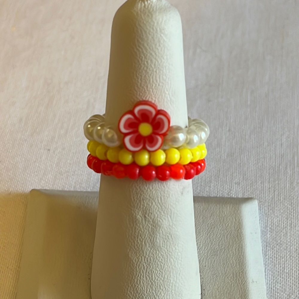 Handmade Red & Yellow Beaded Flower Ring Set, Stretchy